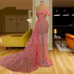 new dubai design prom dresses luxury feather beaded red carpet dress pink long sleeveless evening gowns vestidos de festa