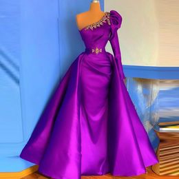 Purple Crystals Mermaid Evening Dresses With Detachable Train One Shoulder Overskirts Prom Dress robe de soirée Women Formal Party Gowns