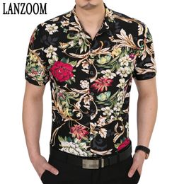 TOP Brand Design Short Sleeve Mens Shirts Luxury Stylish Noble Big Print Flower Casual Men Dress Shirt Spring Summer Mens Top