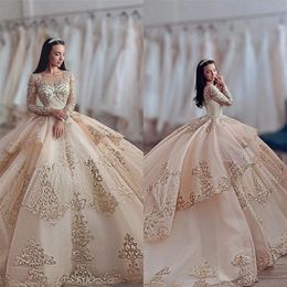 Champagne Ball Gown Wedding Dresses Long Sleeves Tiered Lace Appliqued Bridal Gowns Elegant Luxury Dubai Custom Made Vestidos De Novia