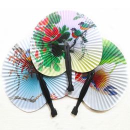 Chinese Handheld Folding Round Fan Vintage Flower Printing Paper Fan Wedding Decoration Party Women Girls Flowers Dancing Folding Round Fan