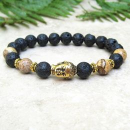 MG0735 Buddha Rock Lava Stone Bracelet Womens Mens Diffuser Buddha Head Charm Wrist Mala Bracelet Yoga Prayer Energy Bracelet