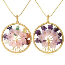 Natural Stone Round Pendant Necklace Tree of Life Chip Bead Plastic Flower Gold-color Wire Wrap Pendants Charm Jewellery