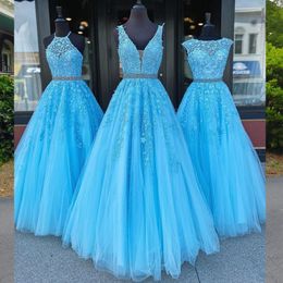 Sky Blue Beaded Lace Bridesmaid Dresses Sheer Plunging Neck Maid Of Honour Gowns Floor Length Tulle Wedding Guest Dress