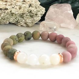 MG0853 8 MM Moonstone Bracelet Matte Unakite Rhodonite Energy Mala Bracelet Women`s Yoga Balance Protection Bracelet