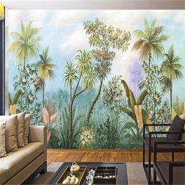 Milofi European-style hand-painted garden woods rainforest plantain coconut palm hand-painted retro mural wallpaper