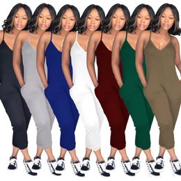 S-3XL Solid Color Women Sling Jumpsuits Backless Suspenders Rompers Summer Sleeveless Beach Overalls Casual Elasticity Jump clothing M2615