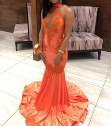 Orange Satin Prom Dresses Sexy Mermaid Beading Lace Applique Evening Gowns Black Girls Bridal Gown