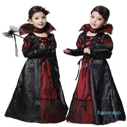 Cute Girls Vampire Queen Cosplay Clothing Princess Dresses Headband Neckerchief Hallowmas Costume Daughter Fancy Dress Carnival Party Gift