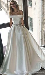 Off Shoulder Simple Elegant A Line Wedding Dresses with Pockets Beaded WaistSatin Vestidos De Noiva Bridal Gowns Wedding Dress vestidos