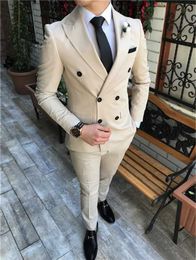 Double Breasted Groomsmen Peak Lapel Groom Tuxedos Champagne Men Suits Wedding/Prom/Dinner Best Man Blazer ( Jacket+Pants+Tie) K550