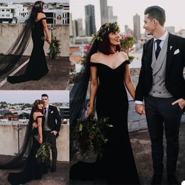 Black Satin Mermaid Wedding Dresses With Veil Off Shoulder Backless Bridal Gowns Sweep Train Country Boho Wedding Dress vestidos de C74