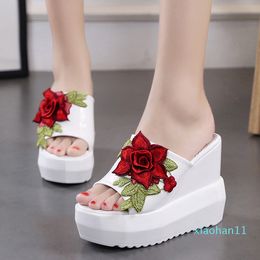 Hot Sale- Women Slippers Summer Embroidery Flower Leisure Shoes Platform Wedges Fish Mouth Gladiator Thick Bottom Slippers