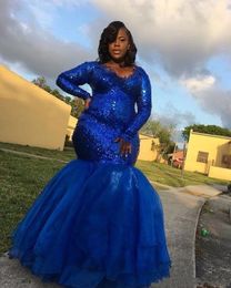 South African Royal Blue Mermaid Prom Dresses Long Sleeve 2021 Glitter Sequins Trumpet Evening Gowns Sparkly Plus Size Special Occasion Dress