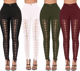 Sexy Front Lace Up Dżinsy Kobieta Plus Rozmiar Wysoka Talia Dżinsy Stretch Bandaż Dla Kobiet Red Slim Pencil Drelich Spodnie