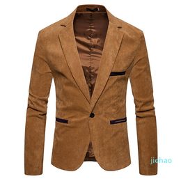 Fashion- V Neck Long Sleeve Mens Corduroy Blazer Fashion Single Button Solid Colour Mens Suits Jacket Spring Male Apparel