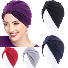 Indian Turban Muslim Women Hat Chemo Cancer Cap Solid Colour Headwear Beanie Bonnet Islamic Headscarf Skullies Hair Loss