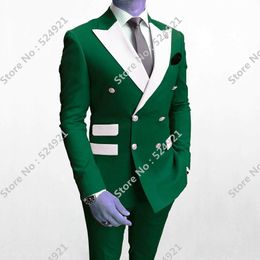 Double Breasted Men Suits Green and White Groom Tuxedos Peak Lapel Groomsmen Wedding Best Man 2 Pieces ( Jacket + Pants +Tie ) L590