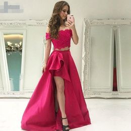 2020 New Stylish Two Pieces Hot Pink Lace Satin Evening Dresses lace bodice Party Long Prom Dress Formal Gown robe de soiree robe longue