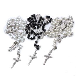 Christian Catholic Holy Church Holy Card Pearl Hand Hold Hand-made Rosary Cross Necklace Religion Accessories Christmas Gift