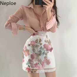 Neploe 2 Piece Set Women Korean Chic Transparent Long Sleeve Shirts+Flower Print High Waist A Line Skirts Fashion Suits 1B491