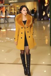 2020 Winter Women Double Breasted Big Fur Collar over Size thick girl casual Wool Coat Long yellow Jackets Parka Coats Outerwear