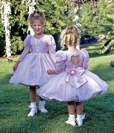 Princess Little Flower Girl Dresses Long Sleeves For Weddings With Bow Lace Applique Organza Short Birthday Party Gowns C182