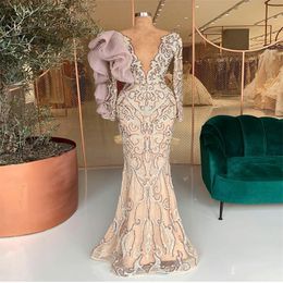 Real Image Evening Dresses Sexy High V-neck Long Sleeves Beads Appliqued Lace Ruffles Luxury Formal Prom Dress Custom Made Long Party Gown