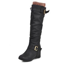 2020 Newest fashion knee high boots women pu round toe buckle autumn winter boots comfortable wedges shoes ladies