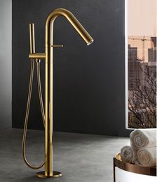 Matt Gold Burnish Bathroom Luxury Tub Sink Faucet Floor Mount Bathtub Mixer Tap Solid Brass Set Free Standing Hot and Cold Bath