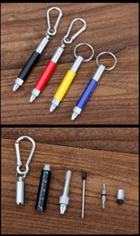 Ball point multi-function tool key chain 6 in 1 metal screw driver hexagon touch screen mountaineering button small scale pen