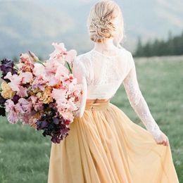 Country Boho Two Piece Wedding Dresses A Line Tulle Skirt Sweep Train Country Bridal Gowns Lace Long Sleeve Robes De Mariee Z341840