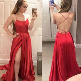 Sexy Red Satin Evening Dresses Long Slit Backless Straps Back Prom Dresses Pleat Royal Blue Evening Gowns Prom Party Dresses