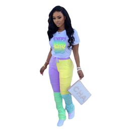Girl Two Piece Set Color Block Stacked Jogging Pants Plus Size Clothing Womans 2 Piece Summer Outfits 2020