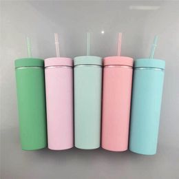 16oz Acrylic Tumbler Double Wall Skinny Tumbler with Coloured Straw Portable Drinking Cup Outdoor Sports Water Bottle A02