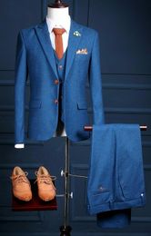 Navy Blue Tweed Wedding Prom Party Suits 3 Pieces Groom Tuxedos Slim Fit Custom Jacket Vest Pants