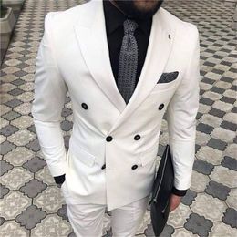Double Breasted Groomsmen Peak Lapel Groom Tuxedos White Men Suits Wedding/Prom/Dinner Best Man Blazer ( Jacket+Pants+Tie) K531