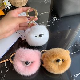 Real Genuine Mink Fur Dog Puppy Bag Charm Key Chain Keyring Phone Purse Handbag Pendant Gift