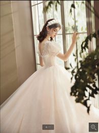 2020 new arrival champagne lace ball gown wedding dress exquisite princess puffy short sleeve sexy bridal gowns court train bride 219A