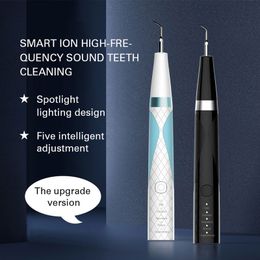 Household Electric Dental Cleaner Toothbrushes Ultrasonic Vibration with Spotlight Tartar Stain Calculus Remover 5 Working Modes Replaceable Tips