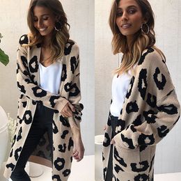 Autumn New Women Sweaters Leopard Knitted Long Cardigan Long Sleeve Sweater Overcoat Lady Outwear Coats Fashion