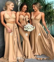 Sexy Gold Bridesmaid Dresses Side-split 2021 A Line V Neck Long Boho Evening Dress Maid of Honour Gowns Plus Size Party Guest Wears