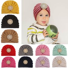 15644 Autumn Winter Baby Girls Knitted Hat Faux Pearls Child Headwear Toddler Kids Warm Beanies Turban Hats Children Hats 12 Colors