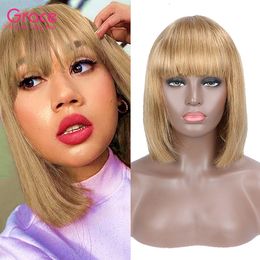 Honey Blonde Straight Short Bob Wigs With Bangs Pixie Cut Human Hair Brazilian Remy Front Non Lace Wig Pre-colored #27 Glueless Fringe Wig