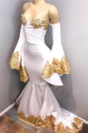 White Prom Dresses Mermaid Long Sleeves Appliques Lace Beaded Long Prom Gown Dubai Kaftan Evening Dresses Robe De Soiree