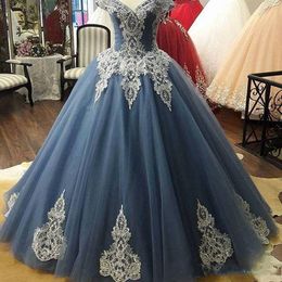 Dusty Blue Ivory Lace Prom Quinceanera Dresses Off The Shoulder Ball Gowns For Sweet 16 Girls Corset Back African Formal Dress Long Plus