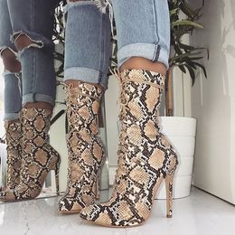 2020 New European and American Large Size Womens Shoes Cross-Border Womens Short Boots Winter New Pointed Snakeskin Cross-Strap Stilettos