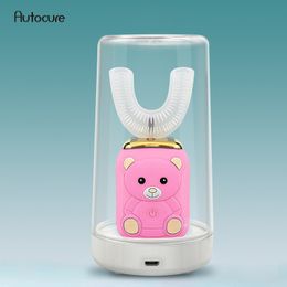 Autocure 2020 New Smart Sonic Cartoon Drying Wireless Induction Charging IPX7 Waterproof Children U-shaped Electric Toothbrush