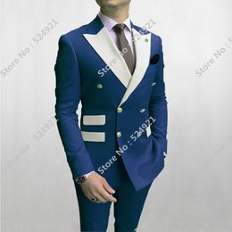 Double Breasted Men Suits Navy Blue and White Groom Tuxedos Peak Lapel Groomsmen Wedding Best Man 2 Pieces ( Jacket + Pants +Tie ) L589