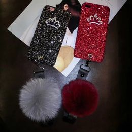Glitter Diamond Crown Hair Ball Case Phone para iPhone 11PRO MAX 2020SE XSMAX XR 6 6S PLUS 7 Plus 8 Plus PC Hard Cover Capas